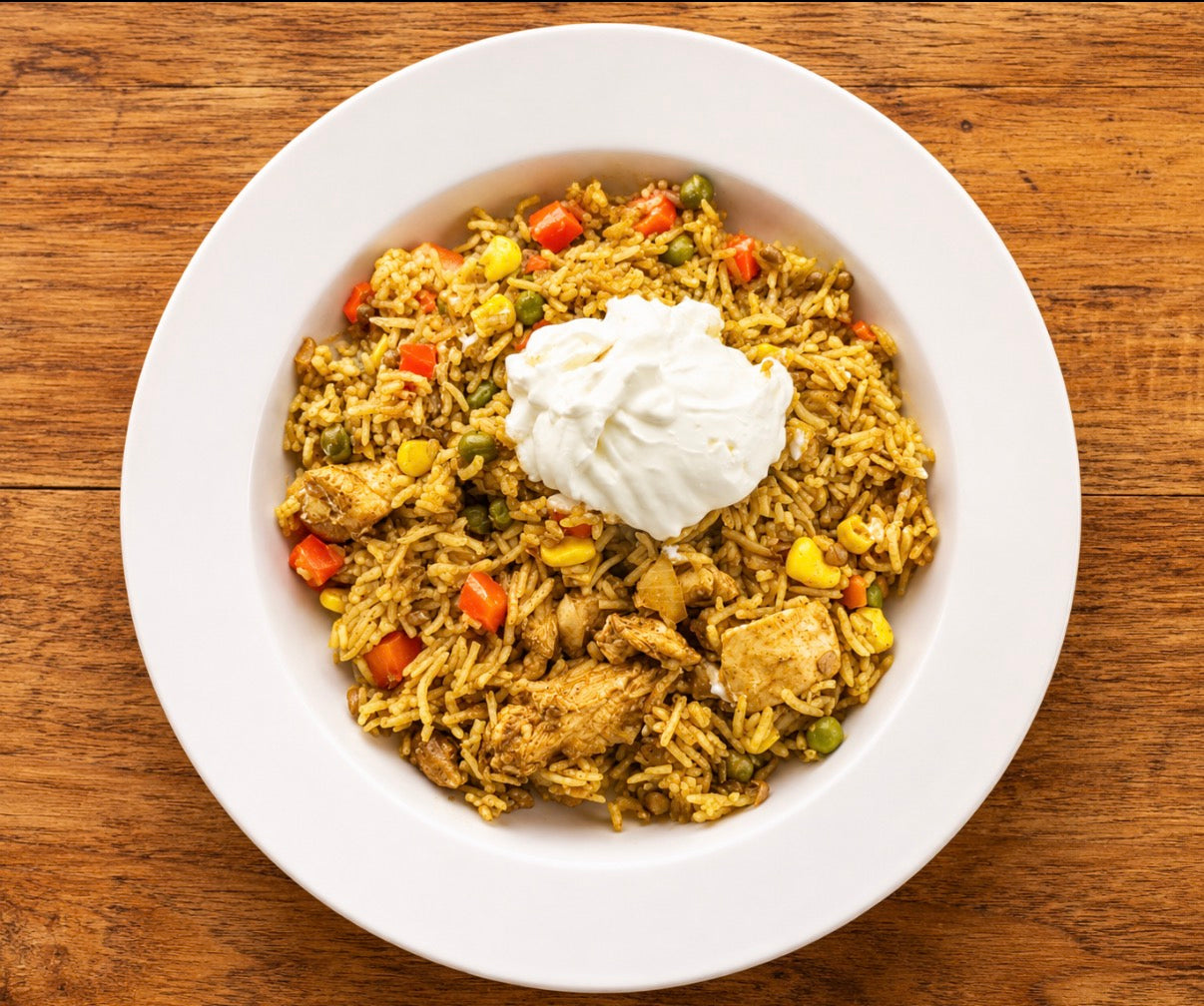 Chicken Biryani Rice and Lentil Bake