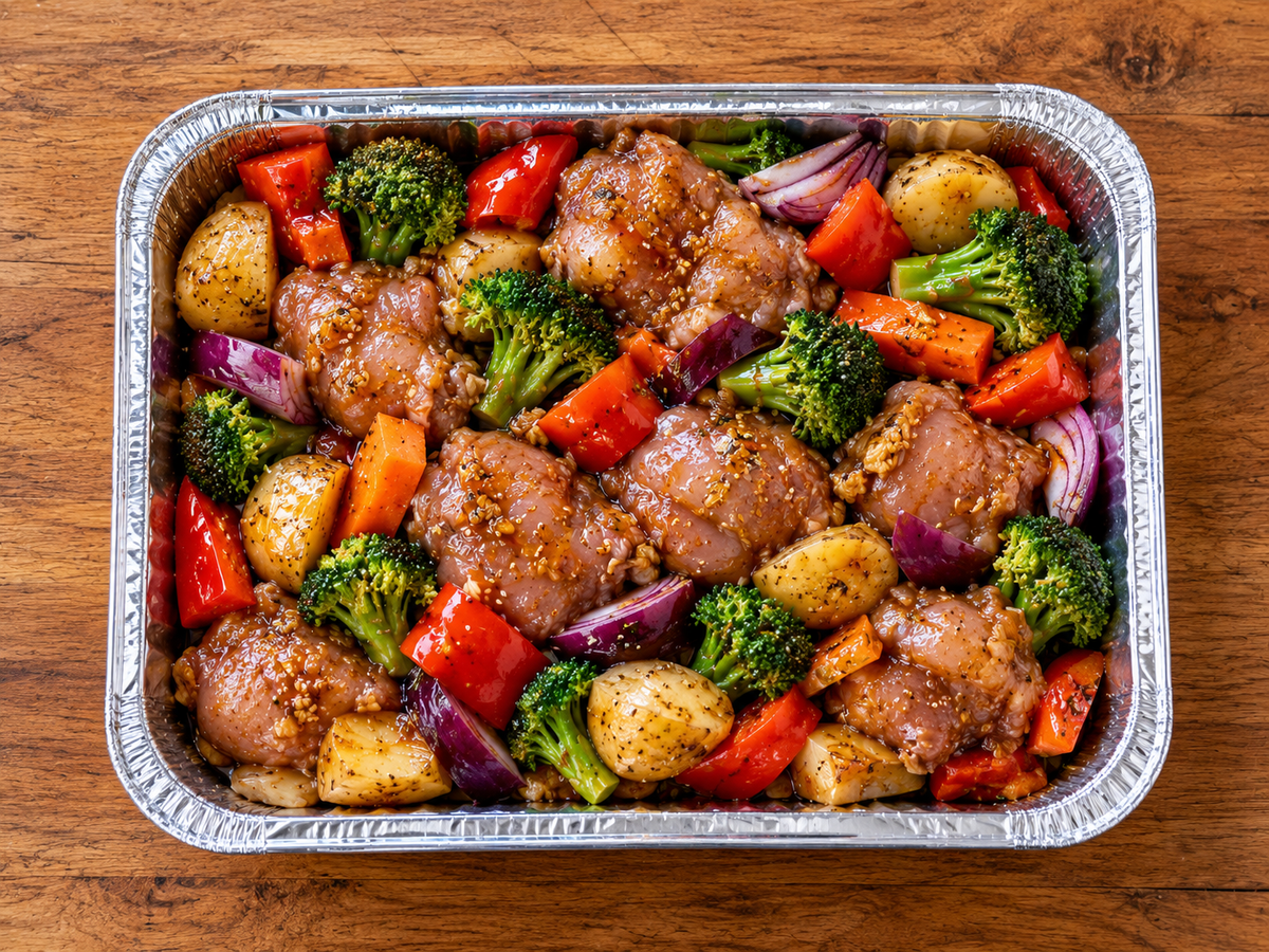 TRAY BAKE - uncooked. Honey Soy Chicken Veggie bake